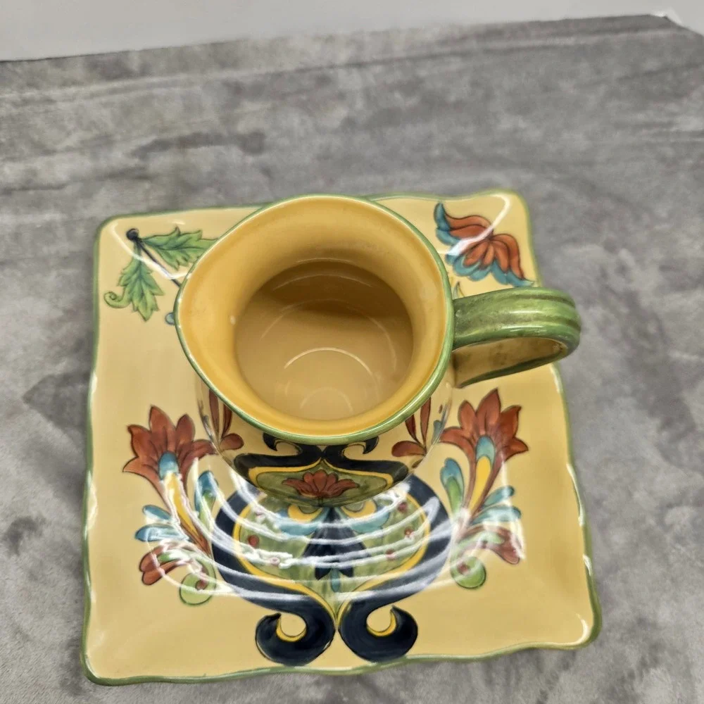 Talavera Style Ceramic Pitcher and Square Platter Set Yellow Floral Hand Painted